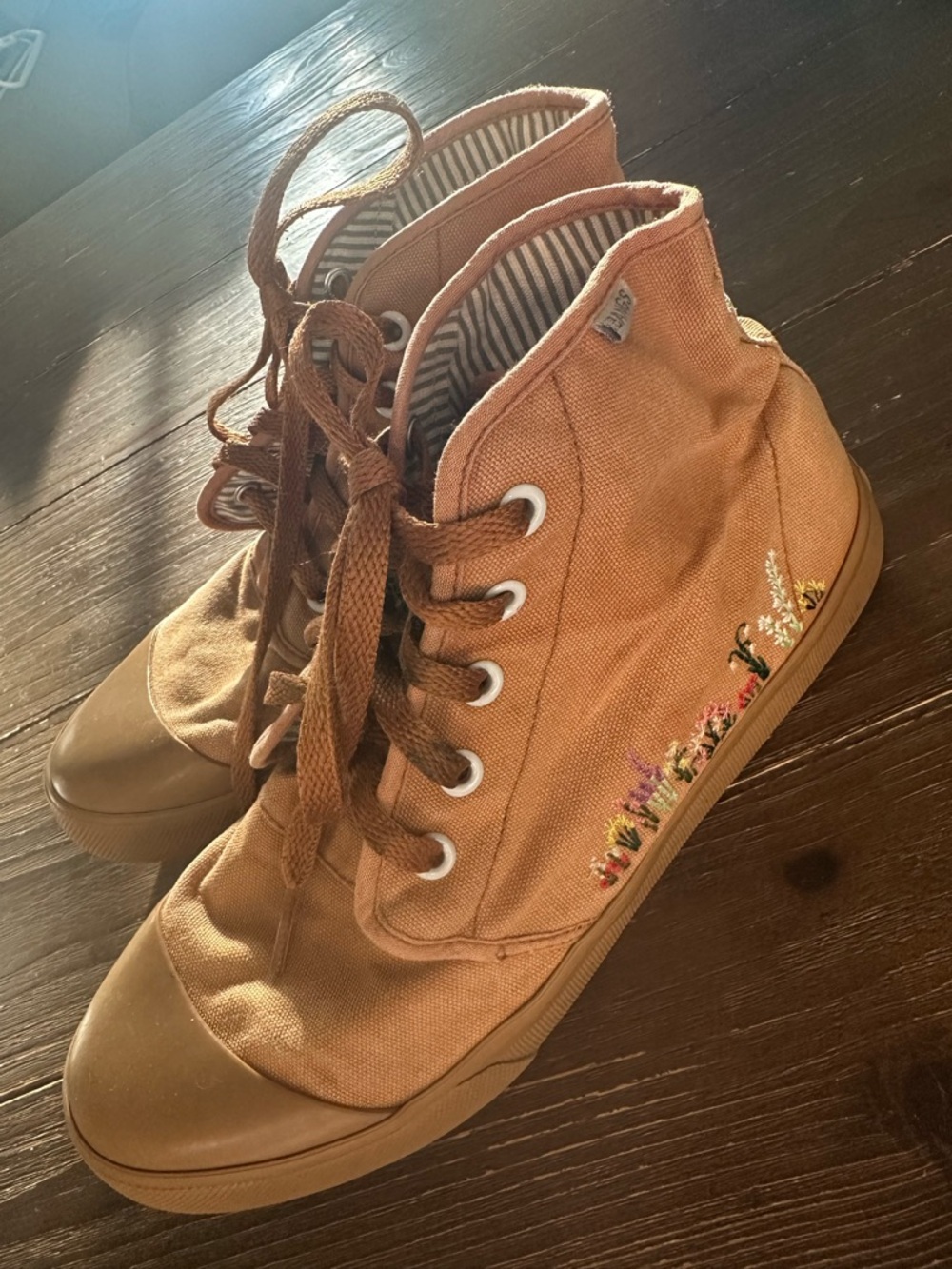 Bangs Women’s Tan Canvas High-Top Sneakers with Floral Embroidery